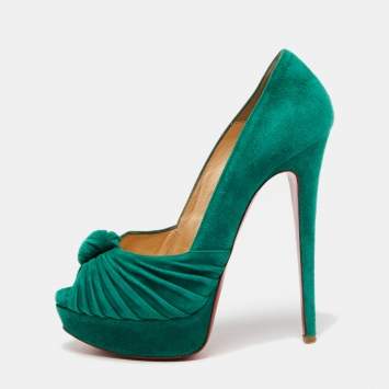 Pre Owned Christian Louboutin Green Pleated Suede Jenny Platform Pumps Size 38