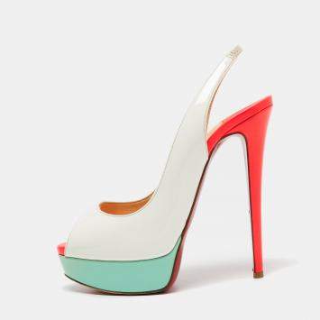 Pre Owned Christian Louboutin White Patent Leather Lady Peep Sandals Size 38