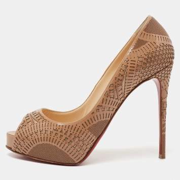 Pre Owned Christian Louboutin Beige Laser Cut Patent Leather Suellena Peep Toe Platform Pumps Size 37.5