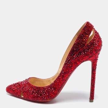Pre Owned Christian Louboutin Red Cut-Out Leather Strass Degrade Pumps Size 37