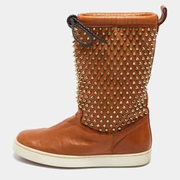 Pre Owned Christian Louboutin Tan Leather Surlapony Spikes Mid Calf Sneaker Boots Size 38