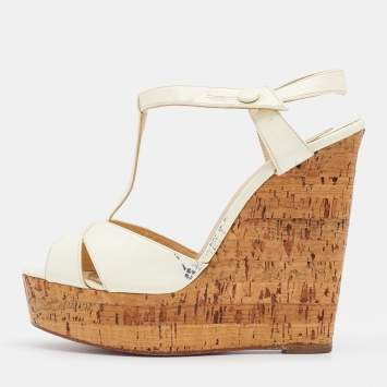 Pre Owned Christian Louboutin Cream Patent Leather Marina Cork Wedge T-Strap Sandals Size 37.5