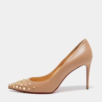 Pre Owned Christian Louboutin Beige Leather Spiky Shell Pumps Size 38