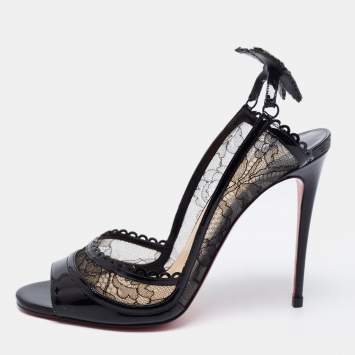 Pre Owned Christian Louboutin Black Lace and Patent Leather Chantilly Butterfly Open-Toe Pumps Size 39