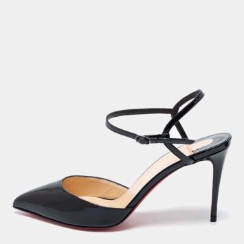 Pre Owned Christian Louboutin Black Patent Leather Riverina Ankle-Strap Pumps Size 38.5