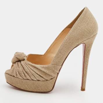 Pre Owned Christian Louboutin Beige Jute Fabric Jenny Platform Knot Peep Toe Pumps Size 38