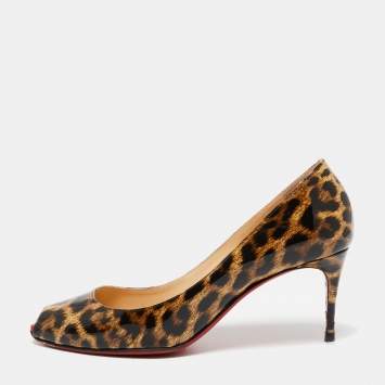 Pre Owned Christian Louboutin Brown/Black Leopard Print Patent Leather Peep-Toe Pumps Size 37