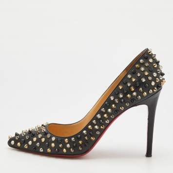 Pre Owned Christian Louboutin Black Leather Pigalle Spikes Pointed Toe Pumps Size 40