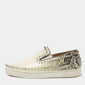 Pre Owned Christian Louboutin Cream/Black Gradient Python Print Leather Pik Boat Slip-On Sneakers Size 39