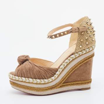 Pre Owned Christian Louboutin Taupe/Gold Leather Madmonica Madcarina Spiked Platform Wedge Espadrilles Size 37