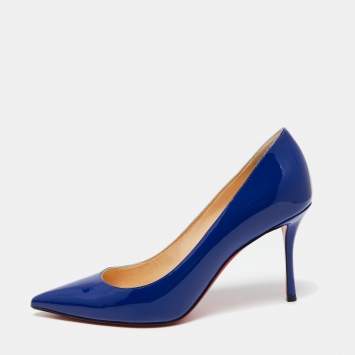 Pre Owned Christian Louboutin Royal Blue Patent Leather Pointed-Toe Pumps Size 37.5
