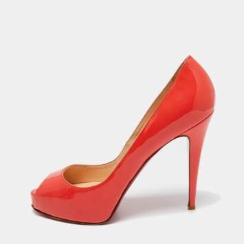 Pre Owned Christian Louboutin Coral Red Patent Leather Very Prive Peep-Toe Pumps Size 41