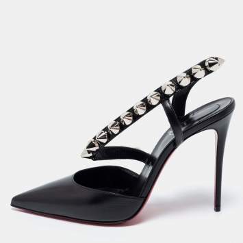 Pre Owned Christian Louboutin Black Leather Spikita Slingback Pumps Size 39