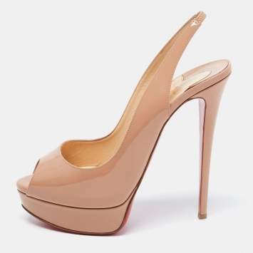 Pre Owned Christian Louboutin Beige Patent Leather Lady Peep Slingback Sandals Size 40