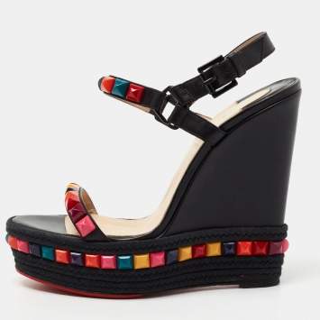 Pre Owned Christian Louboutin Black Leather Cataclou Ankle Strap Espadrille Wedge Sandals Size 39