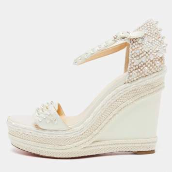 Pre Owned Christian Louboutin Ivory Leather and Woven Fabric Madmonica Spiked Espadrille Wedge Sandals Size 38