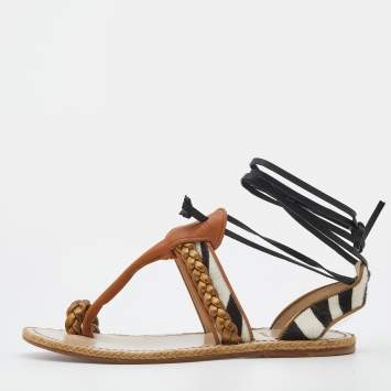 Pre Owned Christian Louboutin Multicolor Leather And Calf Hair Hola Chica Toe Ring Flat Sandals Size 37