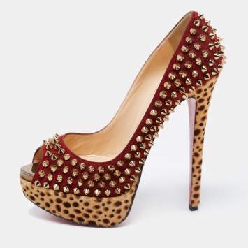 Pre Owned Christian Louboutin Beige/Maroon Leopard Print Calfhair and Suede Lady Peep Spikes Pumps Size 36