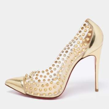 Pre Owned Christian Louboutin Gold Leather and PVC Spike Me Pigalle Pumps Size 37