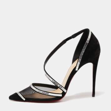 Pre Owned Christian Louboutin Black Mesh And Suede Chiara Crystal Embellished Pumps Size 37