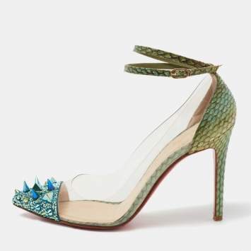 Pre Owned Christian Louboutin Green/Blue Snakeskin Leather and PVC Just Picks Spike Ankle Strap Pumps Size 37