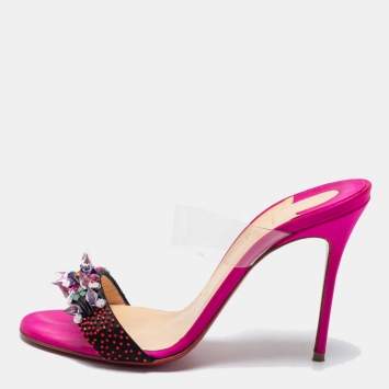 Pre Owned Christian Louboutin Multicolor Satin and PVC Speleola Slide Sandals Size 37.5