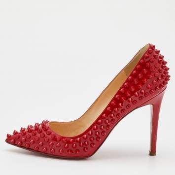 Pre Owned Christian Louboutin Red Patent Leather Pigalle Spikes Pumps Size 36