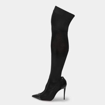 Pre Owned Christian Louboutin Black Knit Fabric and Leather Souricette Spiked Knee High Booties Size 38