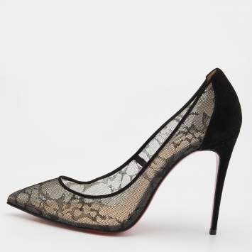 Pre Owned Christian Louboutin Black Mesh And Suede Follies Lace Pointed Toe Pumps Size 37