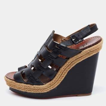 Pre Owned Christian Louboutin Black Leather Barcelona Wedge Sandals Size 40