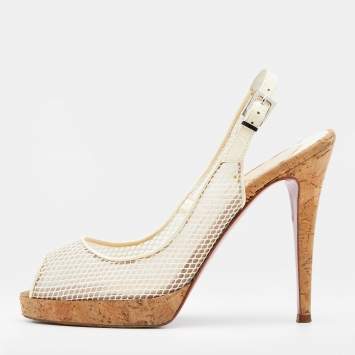 Pre Owned Christian Louboutin White Mesh Cork Platform Mademoiselle Merchand Slingback Pumps Size 38