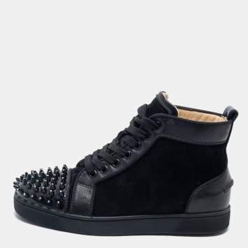 Pre Owned Christian Louboutin Black Suede, Leather and Patent Louis Crystal Embellished Spikes High Top Sneakers Size 35
