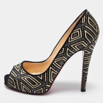Pre Owned Christian Louboutin Black/Beige Raffia Geometric Design Peep Toe Platform Pumps Size 39