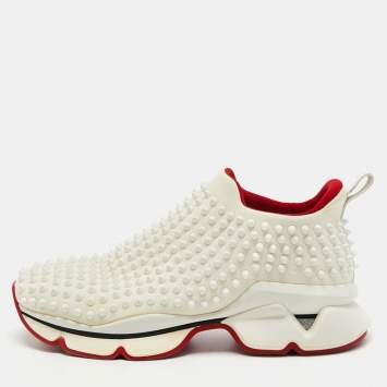 Pre Owned Christian Louboutin White Canvas Spike Sock Slip On Sneakers Size 41.5