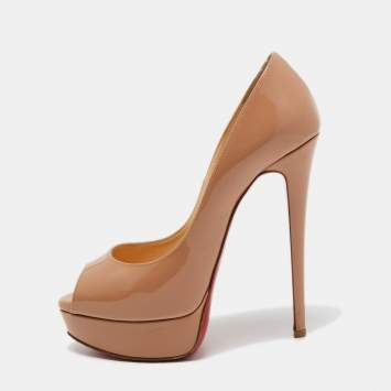 Pre Owned Christian Louboutin Beige Patent Leather Lady Peep Platform Pumps Size 37.5