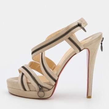 Pre Owned Christian Louboutin Grey Suede Rodita Zip Platforms Sandals Size 39
