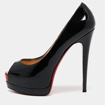Pre Owned Christian Louboutin Black Patent Leather New Prive Platform Peep Toe Pumps Size 39