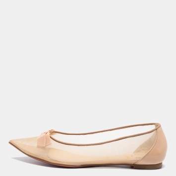 Pre Owned Christian Louboutin Beige Mesh Bow Pointed Toe Ballet Flats Size 40