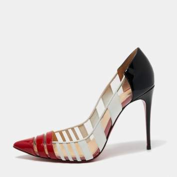 Pre Owned Christian Louboutin Multicolor PVC and Patent Leather Bandy Stripe 100 Pumps Size 39.5