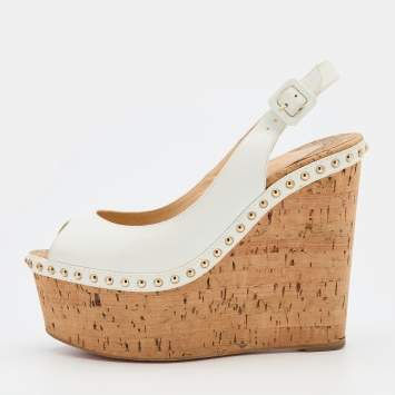 Pre Owned Christian Louboutin White Leather Monico Slingback Cork Platform Wedge Pumps Size 37