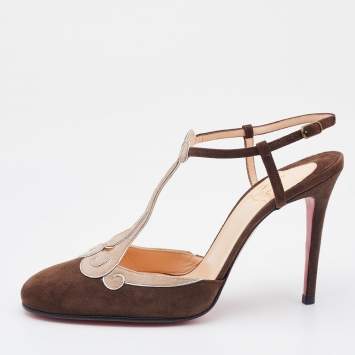 Pre Owned Christian Louboutin Choco Brown/Beige Suede T Strap Ankle Strap Sandals Size 39