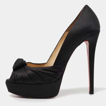 Pre Owned Christian Louboutin Black Satin Knotted Greissimo Platform Pumps Size 38
