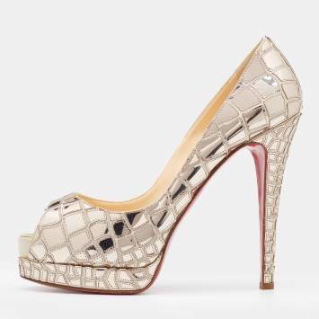 Pre Owned Christian Louboutin Anniversary Edition Metallic Gold Mosaic and Satin Sobek Peep Toe Pumps Size 41