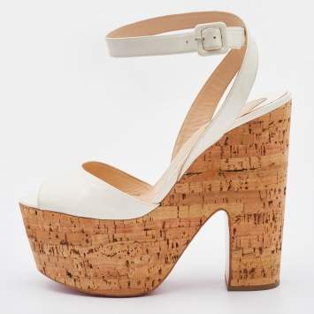 Pre Owned Christian Louboutin White Patent Leather Cork Wedge Super Dombasle Sandals Size 41