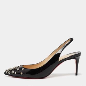 Pre Owned Christian Louboutin Black Patent Leather Drama Studded Slingback Sandals Size 38