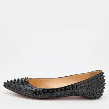 Pre Owned Christian Louboutin Black Patent Leather Spikes Pointed Toe Ballet Flats Size 39.5