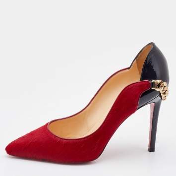 Pre Owned Christian Louboutin Red/Black Calf Hair and Patent Leather Dorepi Pumps Size 39