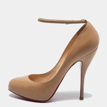 Pre Owned Christian Louboutin Beige Leather Ankle Strap Pumps Size 37.5