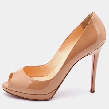 Pre Owned Christian Louboutin Beige Patent Leather Palais Royal Peep Toe Pumps Size 38.5