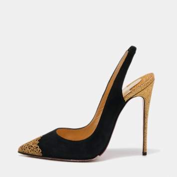 Pre Owned Christian Louboutin Black Suede And Metallic Gold Glitter Almine Pointed Toe Slingback Sandals Size 37